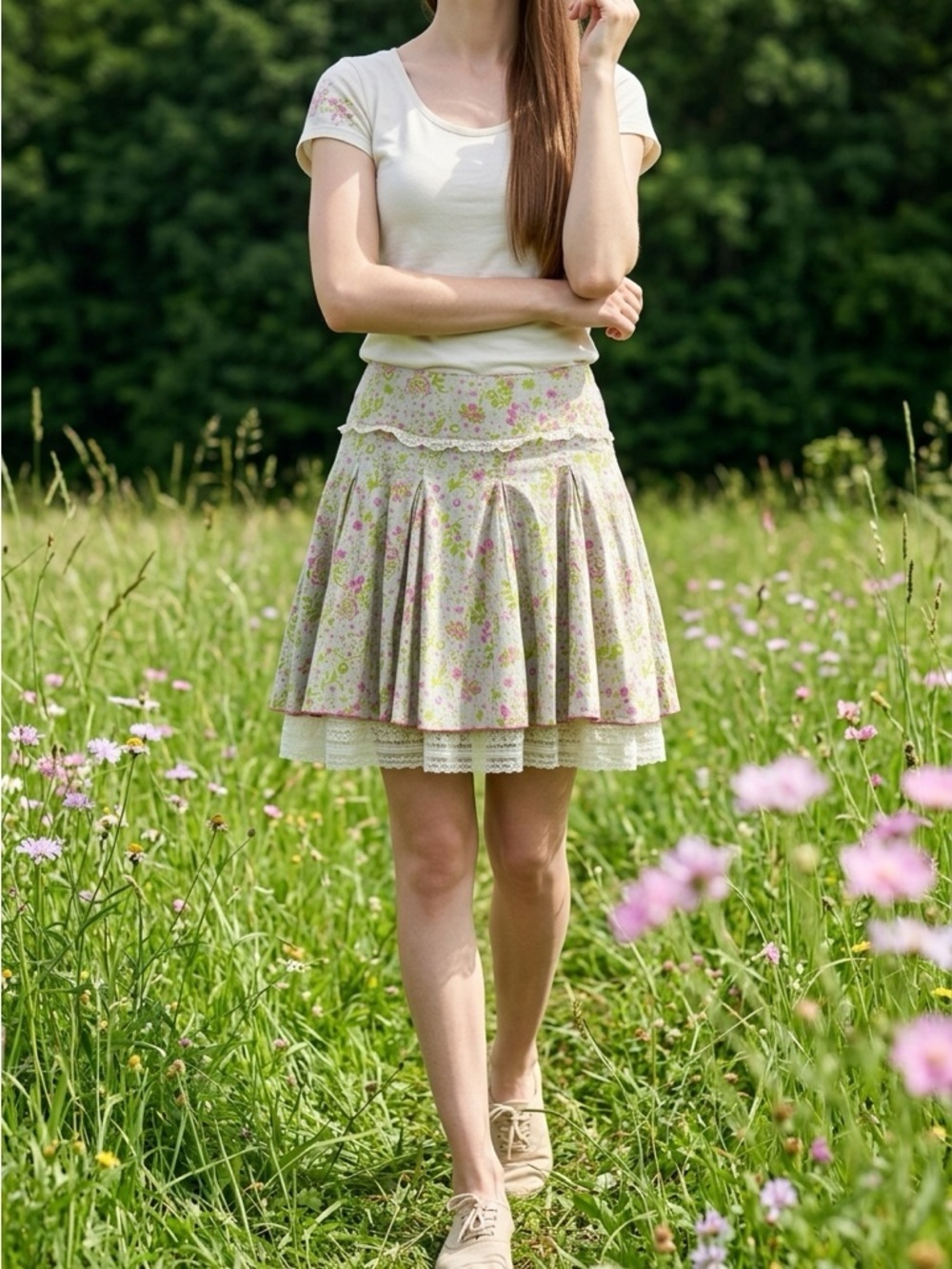 Designer B+ab Floral A-Line Skirt – Lace Trim, Made in Italy (EU 40 / US 8)